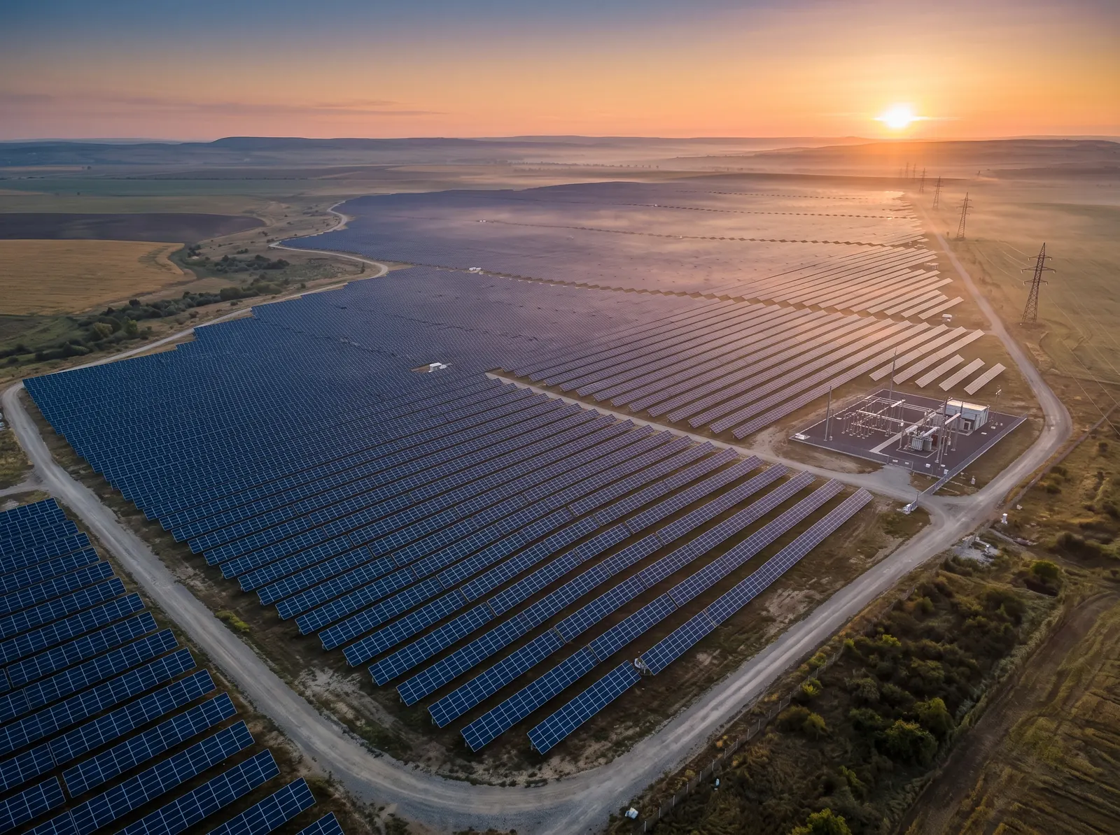 Utility-scale solar photovoltaic arrays on flat open land at sunrise