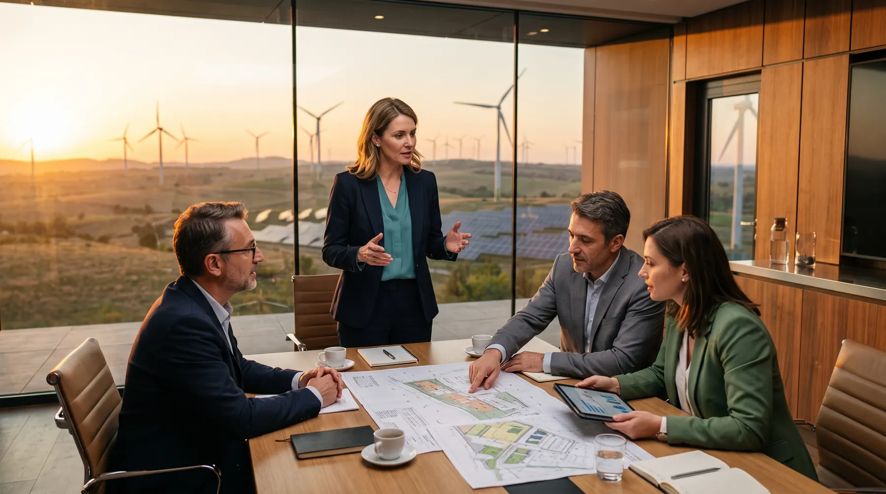 Executives reviewing project plans and performance charts with a wind and solar landscape visible beyond the glass